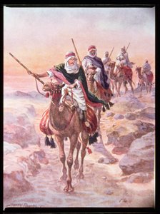 "لورد كيتشنر ، متنكّر في زي عربي ، يركب عبر الصحراء إلى دنقلا" ، رسم توضيحي من "أعمال شجاعة من قبل رجال شجعان" بقلم سي شيريدان جونز ، حانة 1922 بواسطة هنري أ. باين